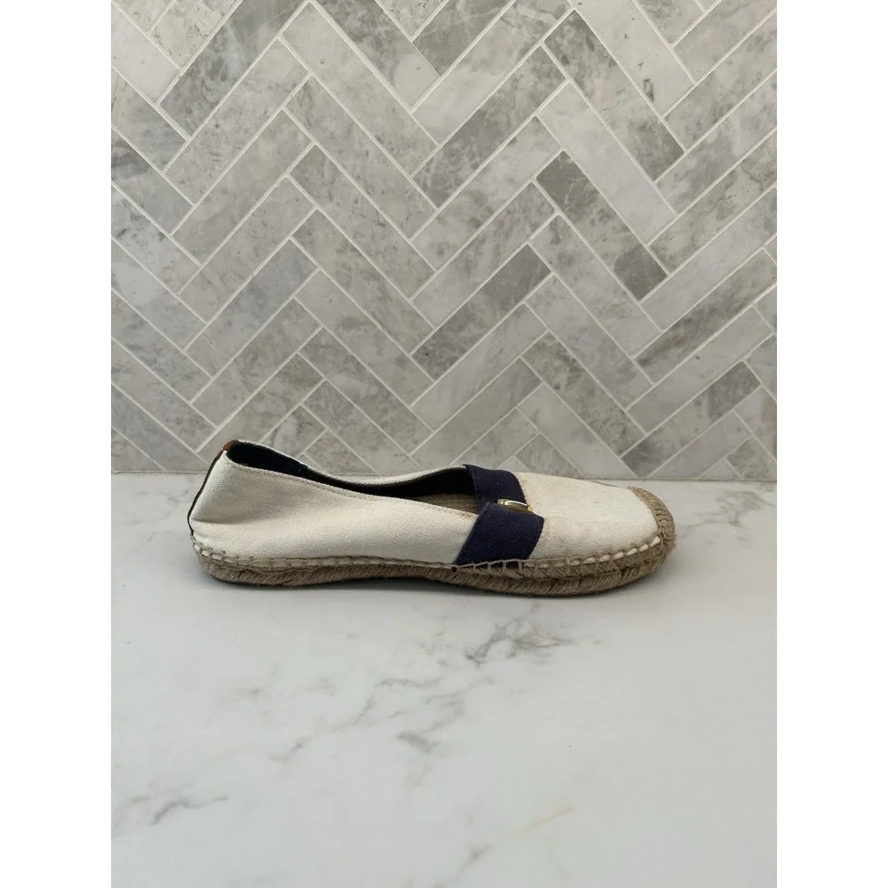 Tory Burch Espadrille Flats Ivory Newport Navy‎ Embellished Canvas Womens Size 8